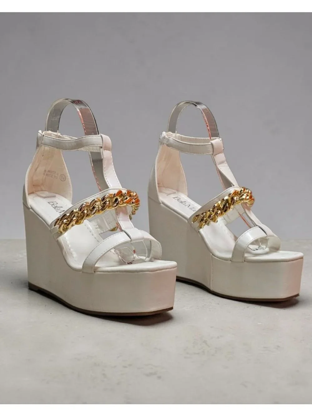 White Platform Wedge Sandals With Gold Chain Accent & Clear Straps By Bella Mari